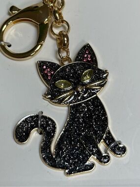 BaubleBar Black Cat Keyring Bag Charm with Gold Hardware and Green Eyes Kitty🐈‍⬛